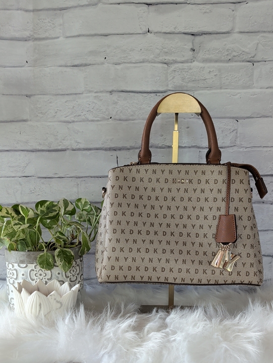 Dkny Handbags - DKNY Beige Logo Crossbody Satchel with Tan Trim